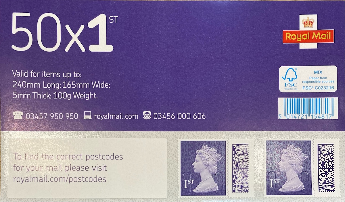 50 x 1st class self adhesive Purple stamps with QR code