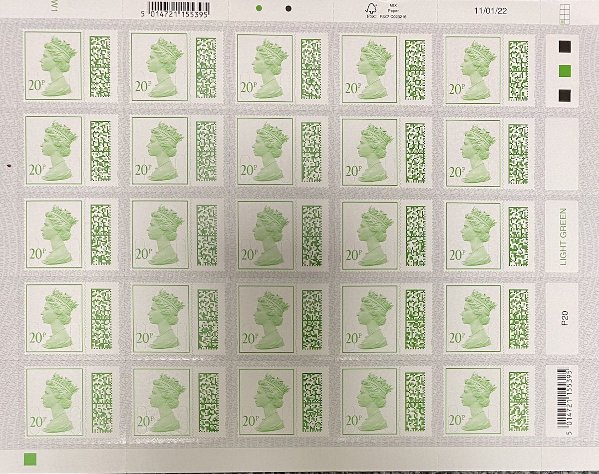 25 x 20p Self Adhesive Stamps, QR barcoded *A make up value*