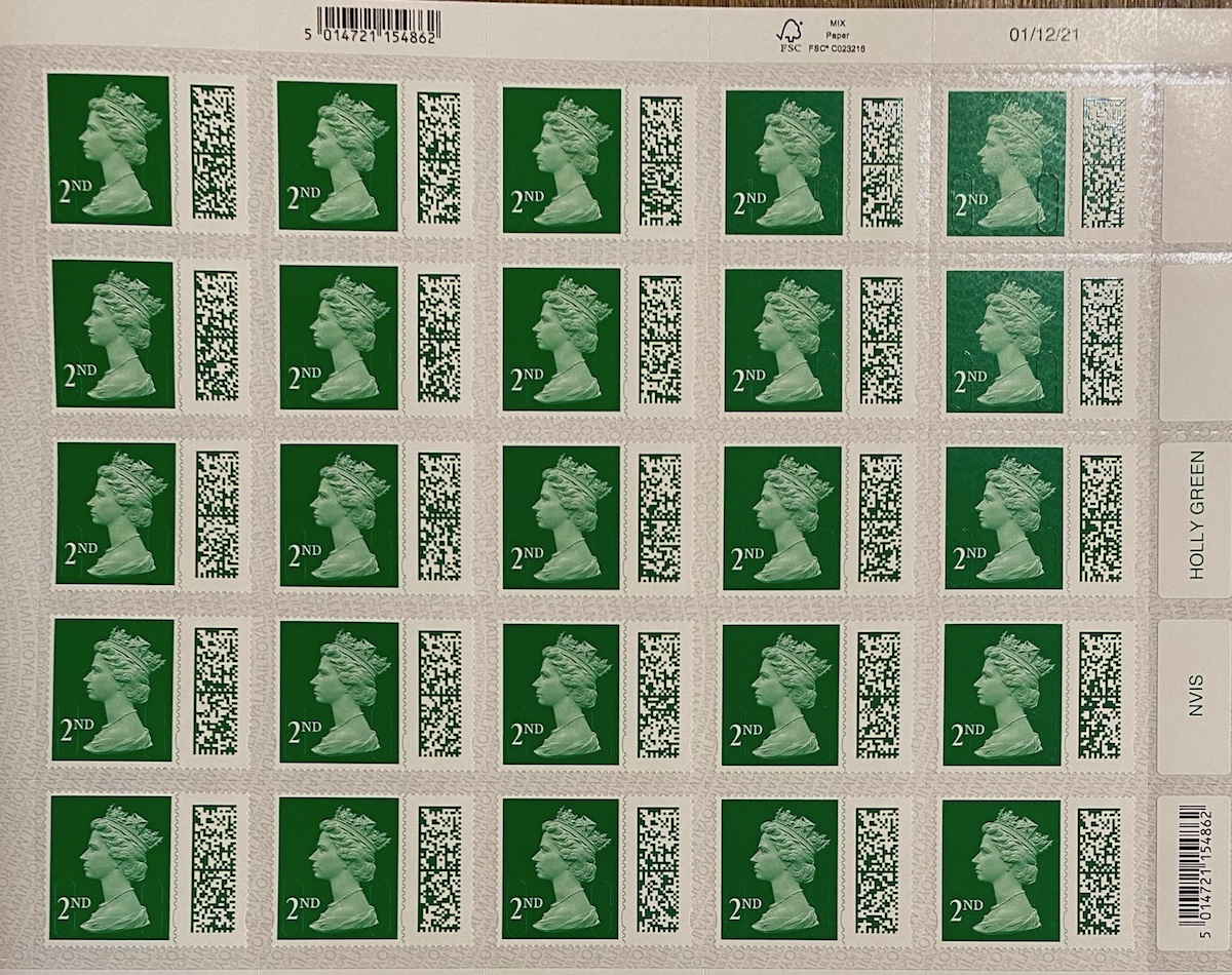 2nd Class Green QR barcoded self adhesive stamps in business sheet format