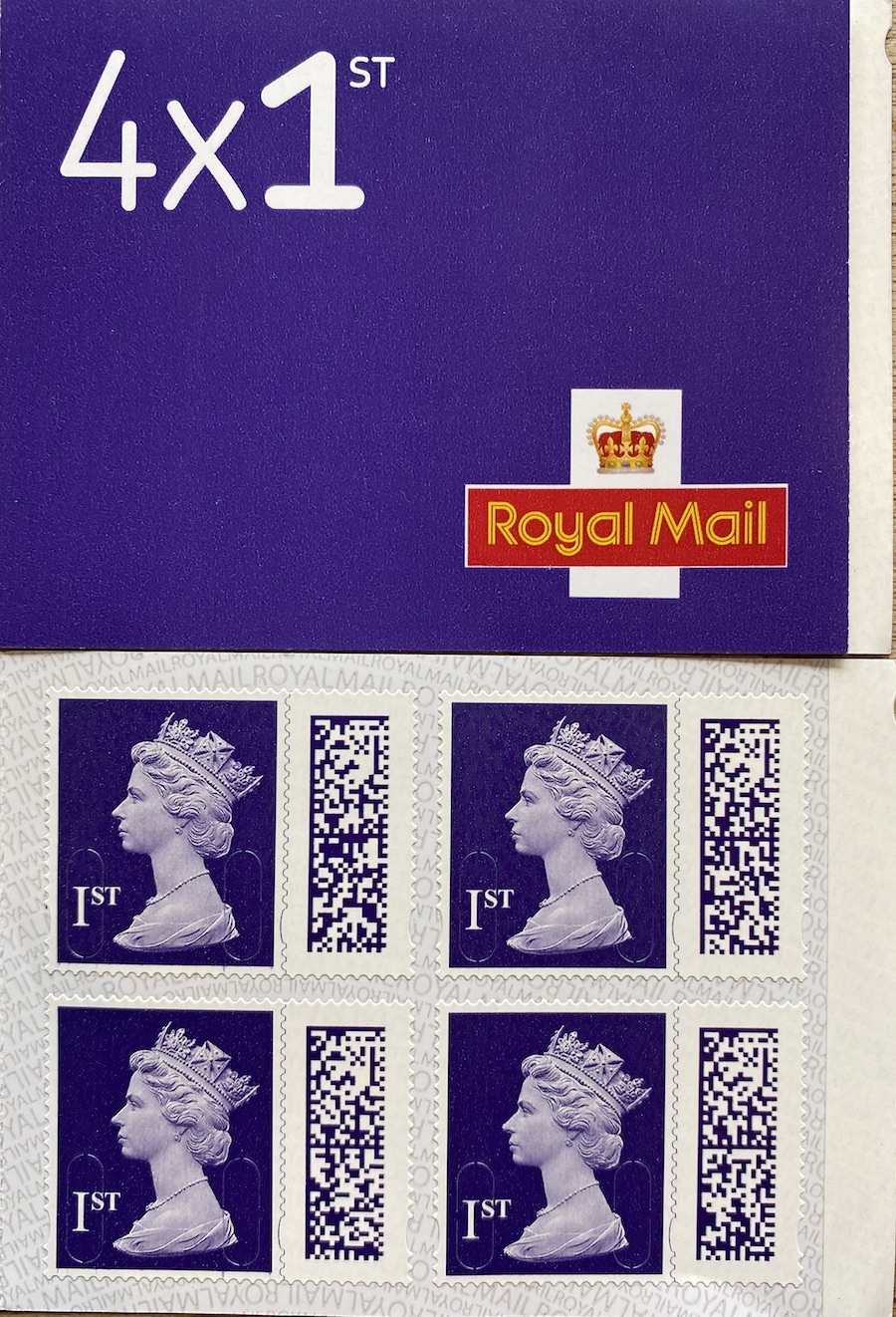 4 x 1st class Purple self adhesive stamps in booklet with QR code