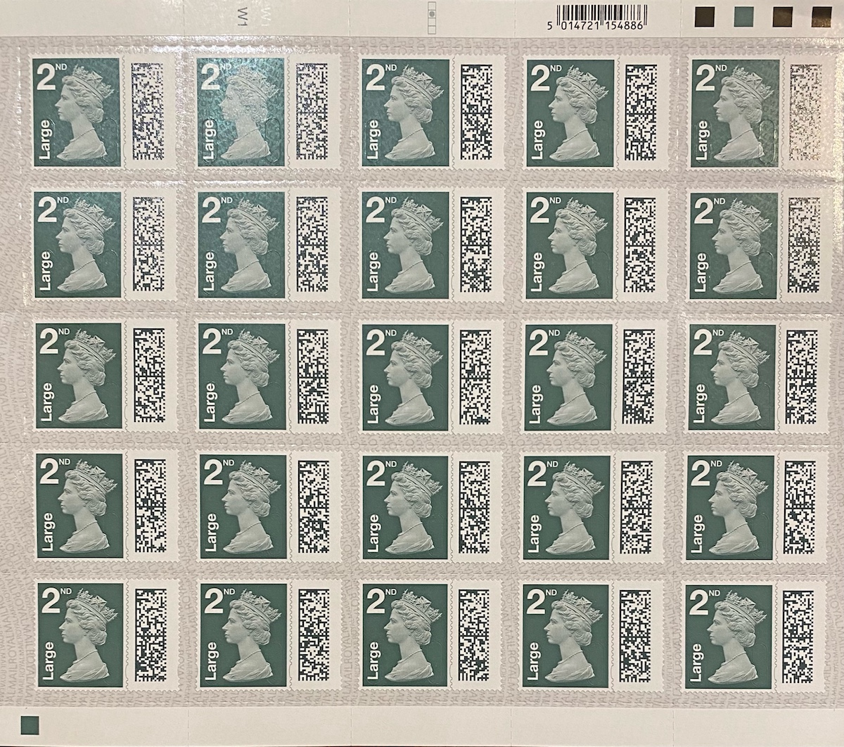 2nd large Pine Green GR bardoded postage stamps