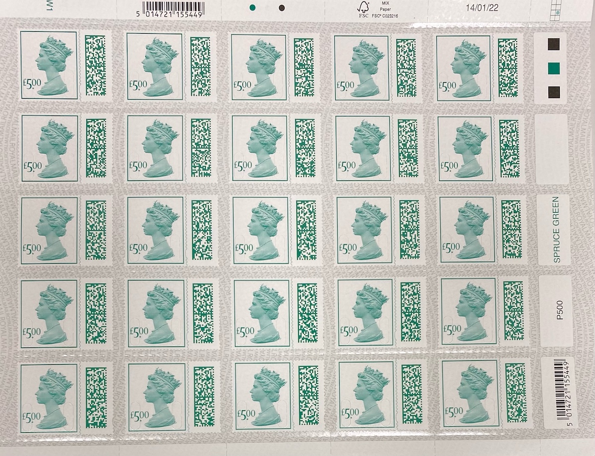5.00 self adhesive QR barcoded postage stamps